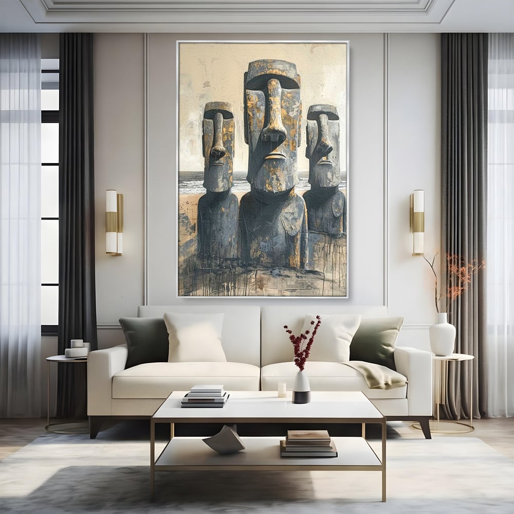 Tablou canvas cu statui moai din piatra, in rama de aluminiu argintiu, pe perete intr-un living